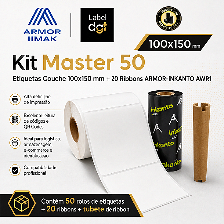 Kit Master 50 rolos Etiqueta Couche s/serrilha 100mmx150mm - brinde 20 rolos de Ribbon Armor Inkanto Cera AWR1 110x74mm