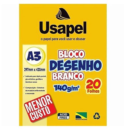 BLOCO DESENHO BRANCO 140G A3 20FLS USAPEL(E)