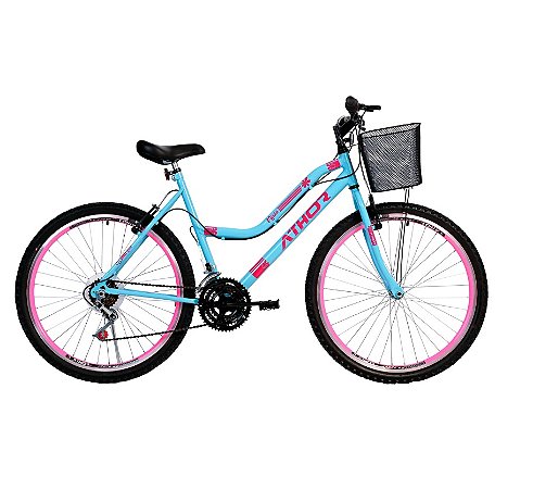 BIC. ARO 26 MTB 18/M MUSA FEM. C/ CESTAO AZUL ADESIVO ROSA