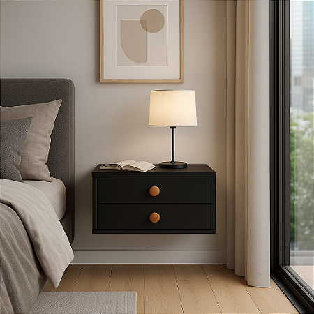 Mesa de Cabeceira Suspensa Preta MDF 15mm com 2 Gavetas – Enviada Montada | Casa Decor