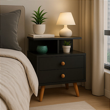 Mesa de Cabeceira Retrô Preta MDF 15mm com 2 Gavetas, Pés Palito e Fundo – Enviada Montada | Casa Decor