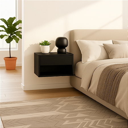 Mesa de Cabeceira Suspensa Preta MDF 15mm com Nicho Aberto e Fundo – Enviada Montada | Casa Decor Londrina