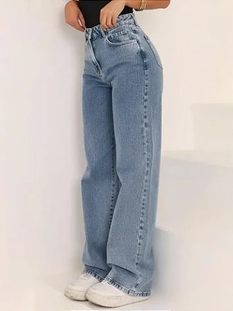 Calça Jeans Wide Leg Feminina Cintura Alta Pantalona