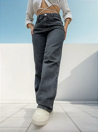 Calça Wideleg Feminina Jeans Preta Marmorizada Estilosa