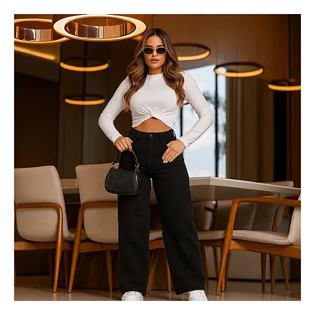 Calça Jeans Wide Leg Feminina Cintura Alta Premium Preta