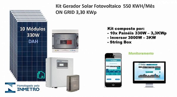 Kit Gerador Solar Fotovoltaico 550kwh/mês ON GRID