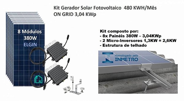 Kit Gerador Solar Fotovoltaico 480kwh/mês ON GRID