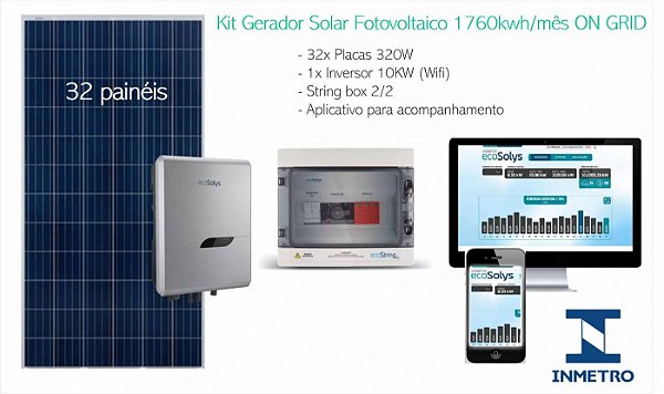 Kit Gerador Solar Fotovoltaico 1760Kwh/mês ON GRID