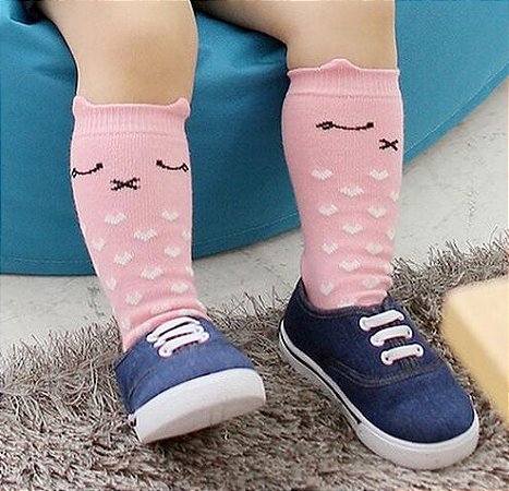 Meia 3/4 Infantil Gatinho Rosa com corações - MINIFASHIONISTA STORE