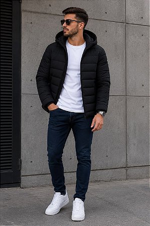 Jaqueta Puffer Masculina Preta com Capuz