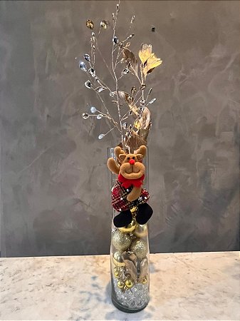 Vaso de vidro com bolinhas doradas + boneco natalino