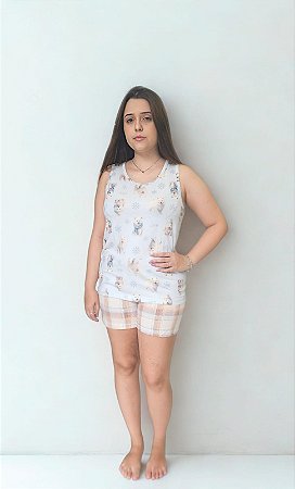 Pijama Regata Shorts Viscolycra Estampa Cachorrinho - Adulto