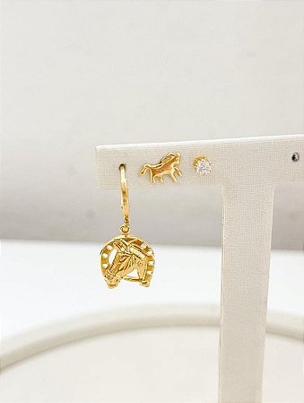 Trio brinco ferradura cavalo e ponto de luz