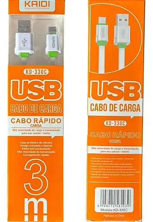 Cabo de carga USB/TIPO C 3M Branco Kaidi