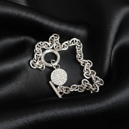 Pulseira Prata Pingente Redondo Zircônias