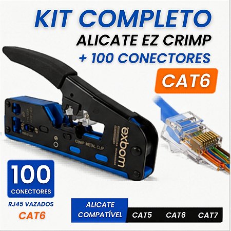 Alicate Crimpagem Cabo Rede + 100 Conector Rj45 CAT6 Vazado