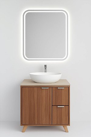 Gabinete Banheiro 1 Porta/ 2 Gavetas Compacto MDF com espelheira em LED