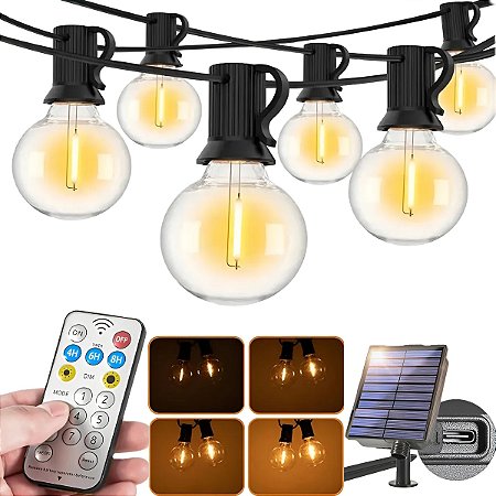 Luminária Solar 8 Lâmpadas Led Amarela Branco Quente Parede Arandela Cordão 4,6 Metros Com Controle