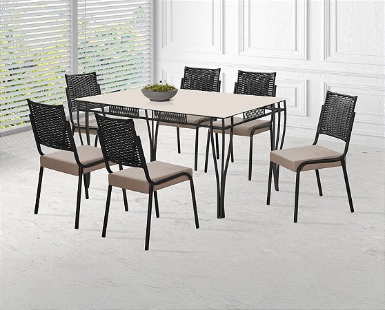 CONJUNTO MESA GOURMET DC RT. 1,60X0,90 VD SERIG 6 CAD.RAINHA NEW JUNCO MARROM CHOC J 03 VIDRO OFF WHITE