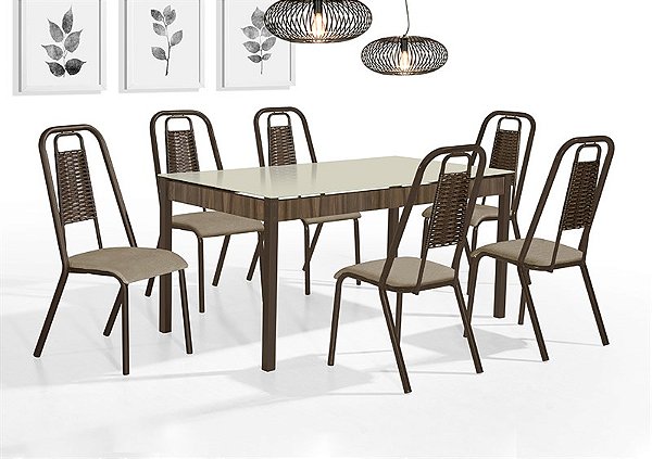 CJ165-CONJUNTO MESA  ATUALE RT. 1,47X0,80 VD SERIG-6 CAD.STAR JUNCO - TRAVA NOGAL - TUBO MARROM - VD OFF WHITE - JUNCO M