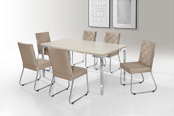 CONJUNTO MESA INOVARE CR 1,60X0,90 MDF C/ VIDRO COM 6 CADEIRAS DALLAS