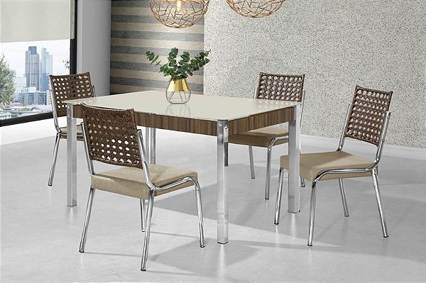 CONJUNTO MESA FACINARE 1,20X0,80 VIDRO SERIG. - 4 CAD. NOBRE JUNCO CR