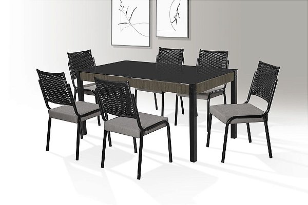 CONJUNTO MESA FACINARE DC RT. 1,60X0,90 VD SERIG-6 CAD.RAINHA NEW JUNCO DC - BC-104 - J18 -CARVALHO-VIDRO PRT -TUBO PRE