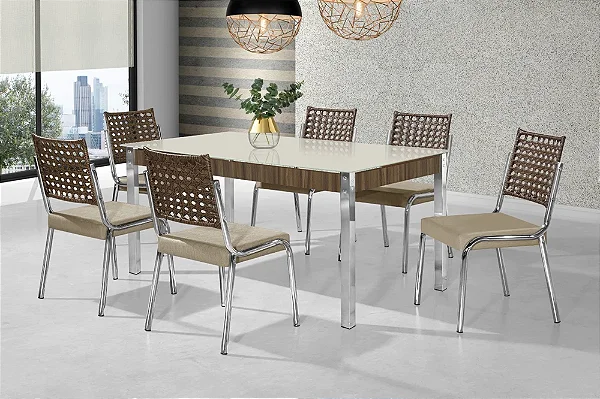 CONJUNTO MESA FACINARE 1,60X0,90 VIDRO SERIG. - 6 CAD. NOBRE JUNCO CR