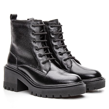 Bota Coturno Cano Médio Couro Preto De Amarrar