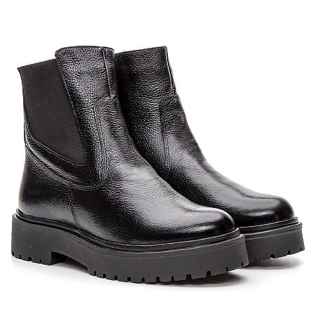 Bota Coturno Cano Médio Couro Preto Com Ziper