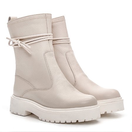 Bota Coturno Cano Médio Couro Off White Com Ziper