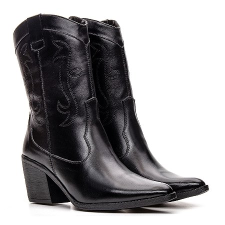 Botas Femininas Texanas Cano Médio Couro Preto