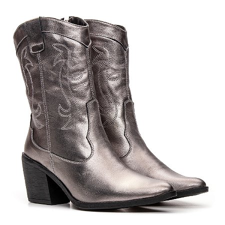 Botas Femininas Texanas Cano Médio Couro Prata