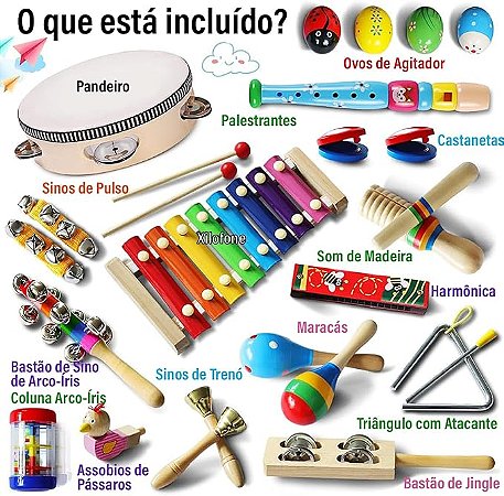 Kit de Instrumentos Musicais de Percussão em Madeira para Crianças + Bolsa | Brinquedo Educativo e Sensorial l Confort Kids