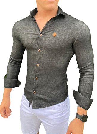 Camisa Jeans Slim Fit Masculina Preta Luxo Manga Longa Promoção - Bella  Donna