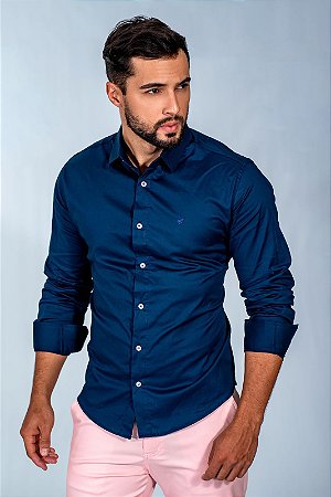 Camisa Slim Fit Masculina Azul Marinho Luxo Manga Longa Promoção