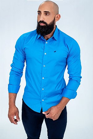 Camisa Slim Fit Masculina Azul claro Luxo Manga Longa Promoção