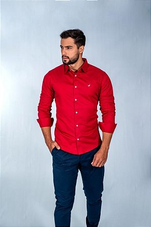 Camisa Slim Fit Masculina Vermelha Luxo Manga Longa Promo o