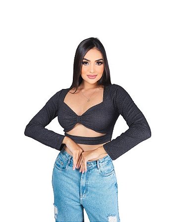 CROPPED MANGA LONGA CANELADINHO BRILHOSO - Bella Donna