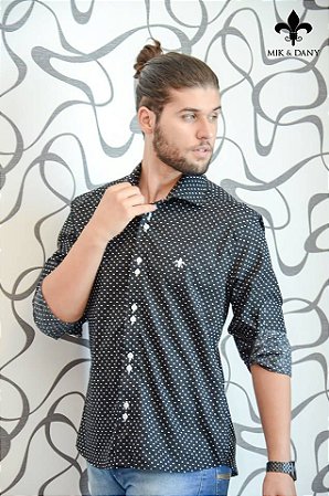 Camisa social masculina manga Azul com Branca