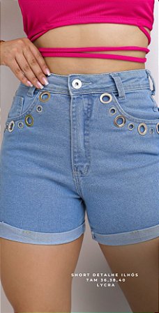 Short Jeans Feminino Laycra com detalhes em ilhós