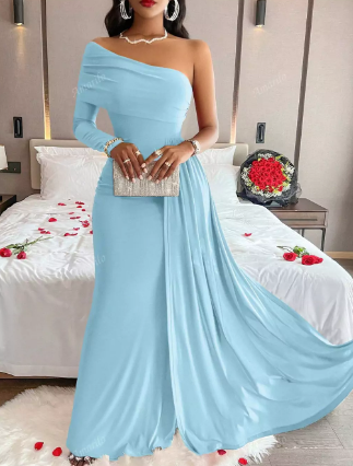 Vestido Longo Azul serenity Obro único Elegante para Mães de Noivos com Manga Comprida e Decote Assimétrico