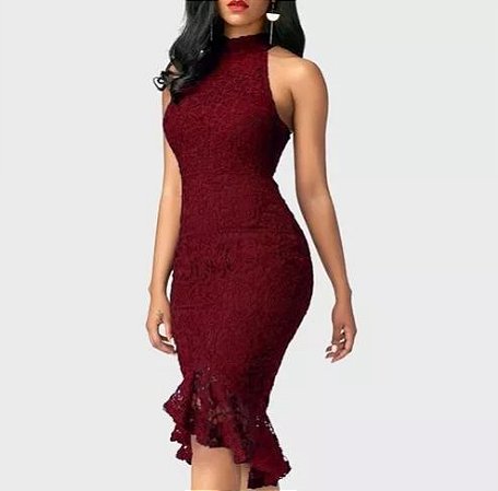 Vestido de Festa Midi Marsala em renda com Babado