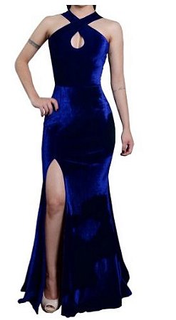 vestido longo fenda estilo sereia veludo Azul Royal