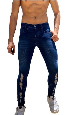 Calça Jeans Masculina Slim Fit Com Lycra Rasgada destroyed Azul escuro