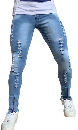 Calça Jeans Masculina Slim Fit - Rasgada destroyed Com Lycra Azul Claro -  Bella Donna