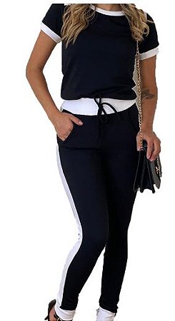 conjunto Feminino calça Blusa manga curta preto com Branco