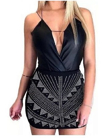 Conjunto Blusa Alcinha Feminino com saia Curta  Preto