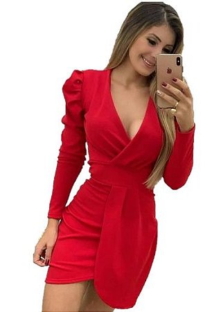 Vestido de Festa curto manga longa bufante decote Vermelho