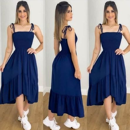 Vestido longo princesa Casual Rodado Alcinha Azul Marinho